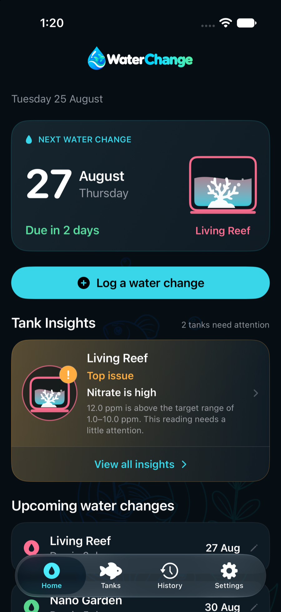 WaterChange home screen on iPhone